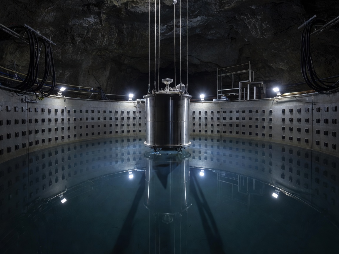 Cylindrical cryostat of a liquid xenon dark matter detector suspended inside an underground laboratory water tank
