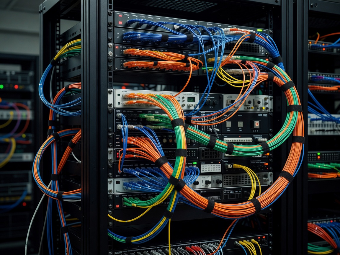 Rack-mounted optical equipment with bundled fibre patch cables of the kind used at a quantum key distribution node
