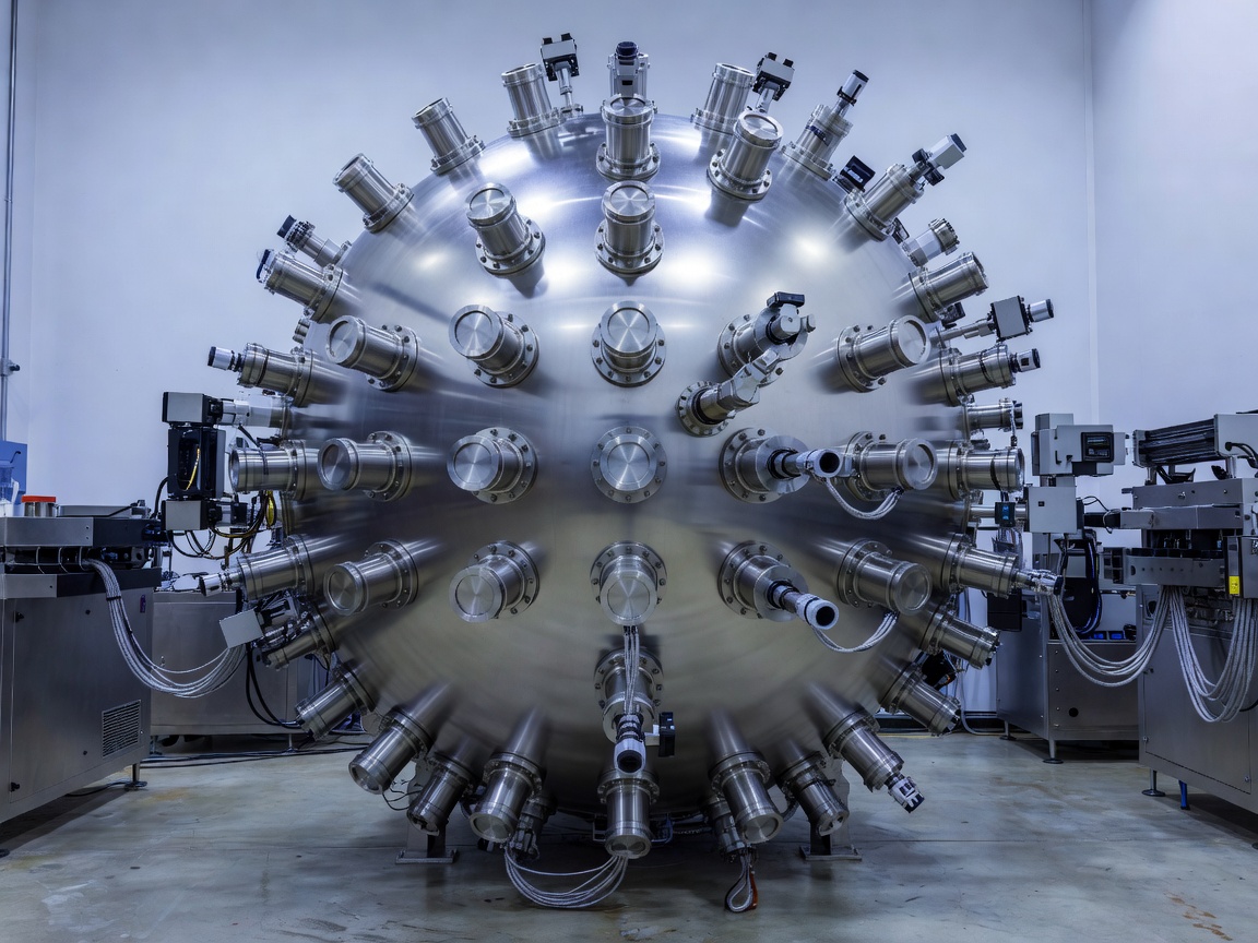 Spherical target chamber of a high-energy laser facility with beam ports and diagnostic instruments arranged around its surface